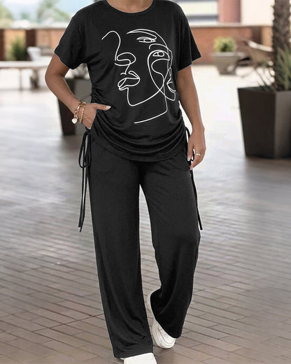 Women's Two Piece Outfits Abstract Face Print Drawstring Top and Elastic High Waisted Straight Leg Pants Casual Tracksuit