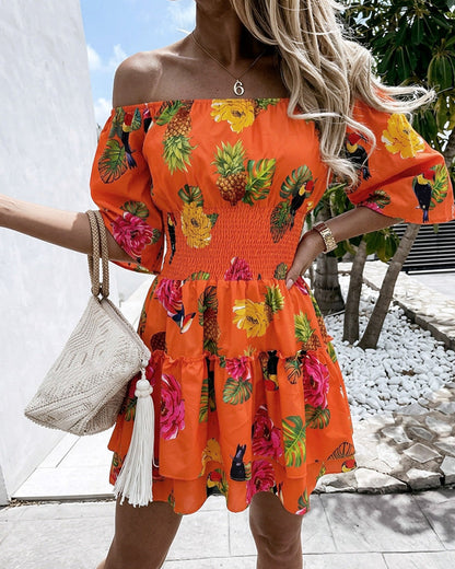 Women's Stretchy Off Shoulder Vacation Dress Tropical Fruit Floral Shirred Waist Ruffle Hem A Line Dress