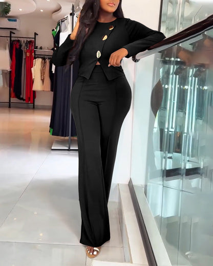 Golden Button Decor Long Sleeve Seam Front Overalls Casual Zipper Back Faux Two-Piece Commuting Jumpsuit