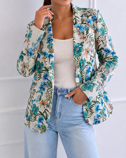 Women's Vintage Floral Jacquard Blazer Elegant Single Breasted Lapel Collar Coat