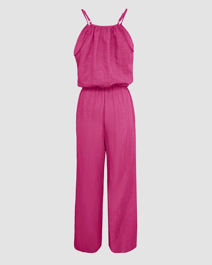 Womens Spaghetti Strap Drawstring Tied Waist Jumpsuit Casual Overalls