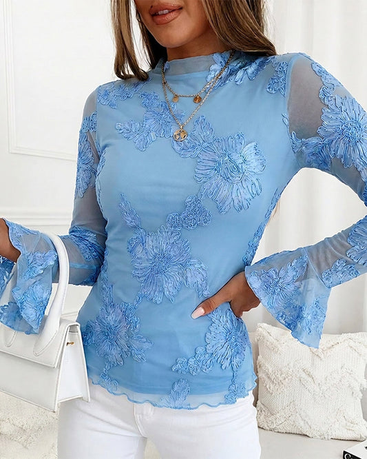 Women's French Style Mesh Top Floral Jacquard Mock Neck Long Sleeve Blouse Elegant Flare Cuffs Slim Fit Layered Top