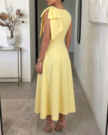 Women's Bowknot A Line Midi Dress Sleeveless Crewneck High Waist Party Dress Elegant Evening Gown