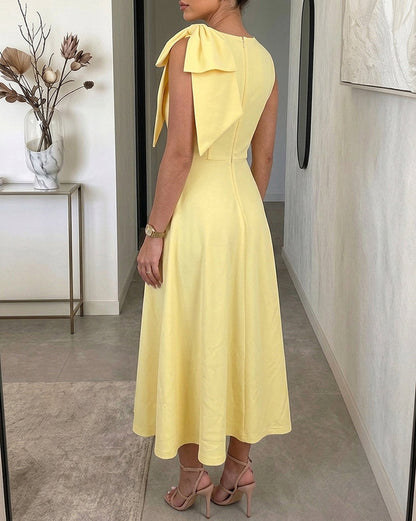 Women's Bowknot A Line Midi Dress Sleeveless Crewneck High Waist Party Dress Elegant Evening Gown