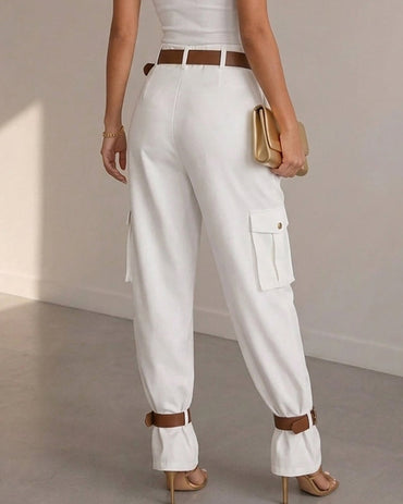 Women's Pockets Design Cargo Pants Casual High Waisted Trousers with Contrast Belt