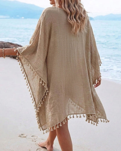 Women's Front & Back Reversible Beach Cover Up Crochet Lace Hollow Out Spliced Tassel Vacation Caftan Dress