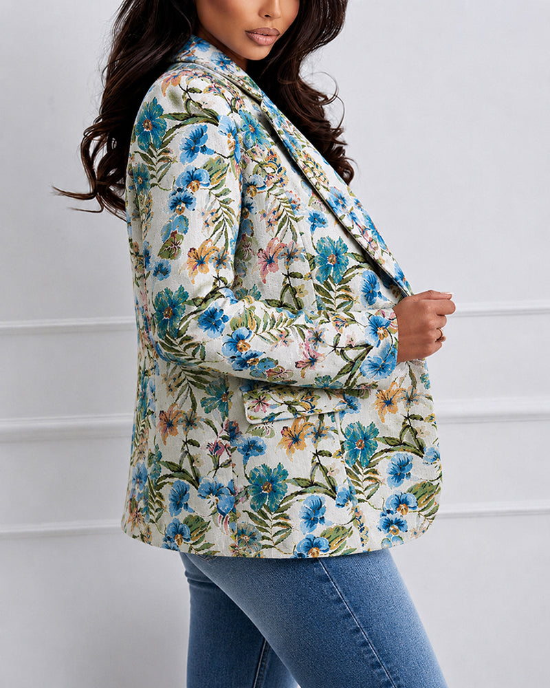 Women's Vintage Floral Jacquard Blazer Elegant Single Breasted Lapel Collar Coat
