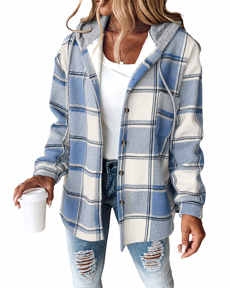 CHICMELIVE Womens Casual Jacket Plaid Hooded Fleece Lined Shacket