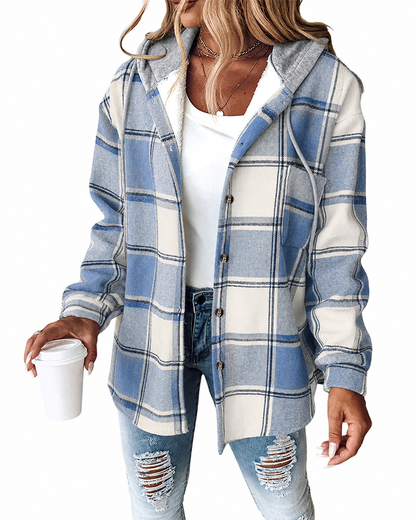 CHICMELIVE Womens Casual Jacket Plaid Hooded Fleece Lined Shacket