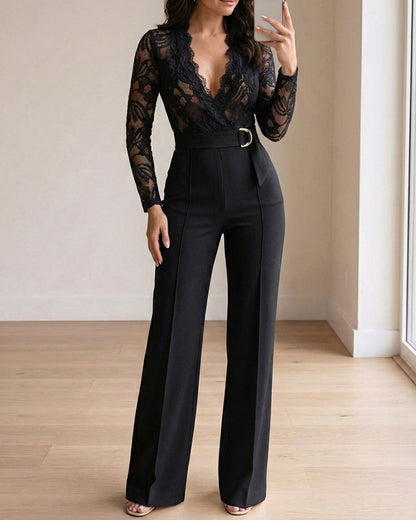 Crochet Lace Trim Deep V-Neck Floral Lace Spliced Ovearalls Casual Zipper Back Seam Front Jumpsuit with Belt