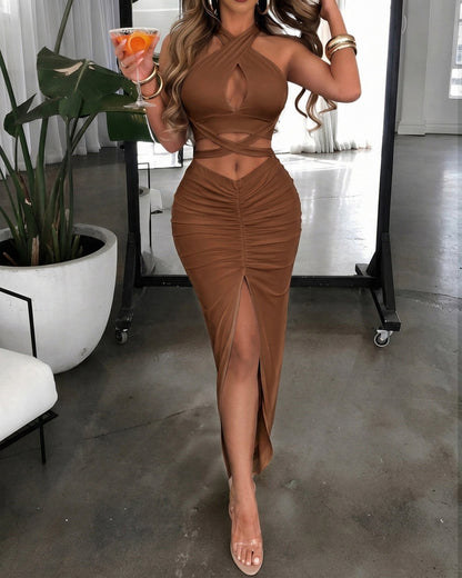 Women's Two Piece Set Criss Cross Halter Backless Crop Top and High Slit Ruched Skirt Sexy Matching Set