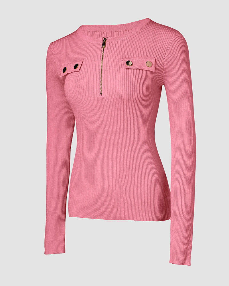 Crewneck Half Zipper Flap Detail Knit Sweater Long Sleeve Slim Fit Ribbed Pullover Top