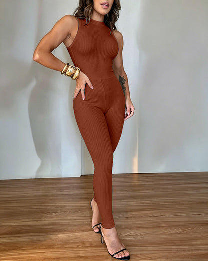 Women's Halter Neck Backless Jumpsuit Ribbed Knit Slim Fit Sleeveless Romper Sexy Party Clubwear