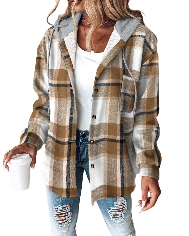 CHICMELIVE Womens Casual Jacket Plaid Hooded Fleece Lined Shacket