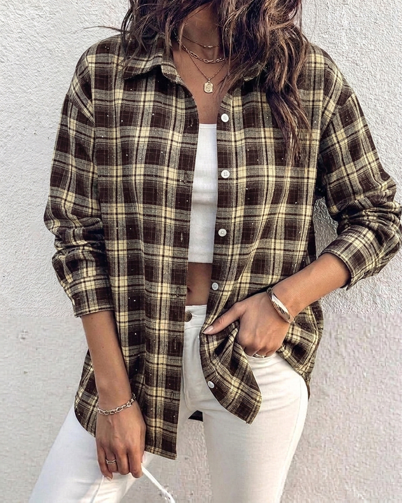 Women's Plaid Rhinestone Shirt Casual Drop Shoulder Button Down Blouse Vintage Long Sleeve Top