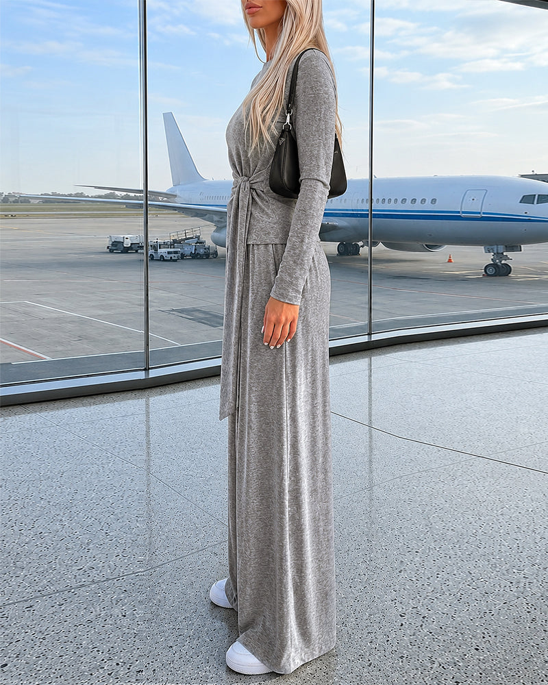 Women's 2 Piece Knit Lounge Set Long Sleeve Tie Waist Top and High Waisted Wide Leg Pants Casual Soft Sweatsuit with Pockets