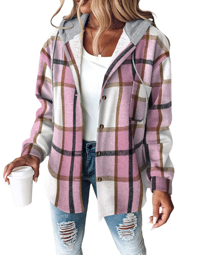 CHICMELIVE Womens Casual Jacket Plaid Hooded Fleece Lined Shacket