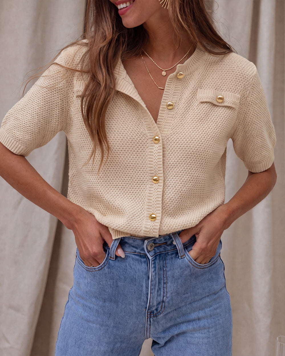 Women's Hollow Out Knit Cardigan Short Sleeve Gold Button Sweater Casual Loose Knitwear Top