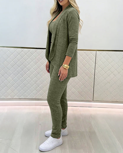 Women's 3-Piece Knit Set Shawl Collar Cardigan with Crop Tank and High Waisted Slim Fit Pants Casual Loungewear