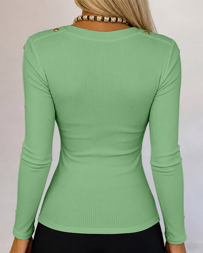 Women's Gold Studded Long Sleeve Rib-Knit T-Shirt Slim Fit Round Neck Top