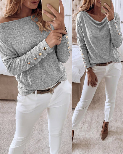 Women's Multi Way Neck Long Sleeve Top Gold Button Detail Casual Knit Tee