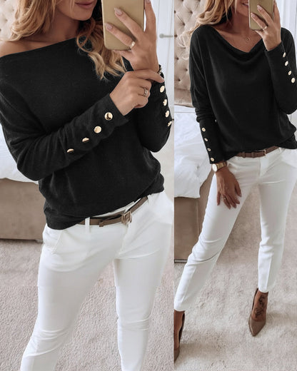 Women's Multi Way Neck Long Sleeve Top Gold Button Detail Casual Knit Tee