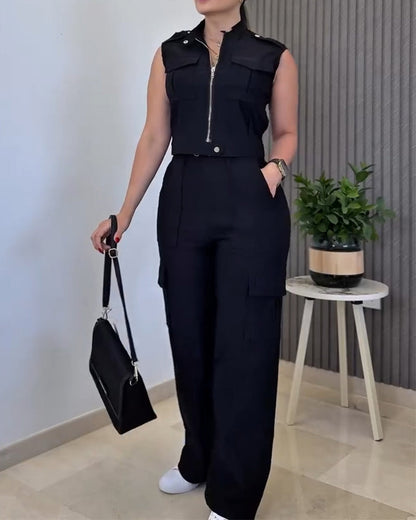 Stylish Plain Two-piece Set 3D Cargo Pockets Sleeveless Tank Top and Casual High Waist Wide Leg Pants Set
