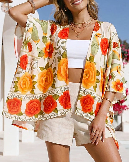Tropical Floral & Animal Print Open Front Half Sleeve Cover-up Casual Hollow-out Back Loose Fit Cardigan