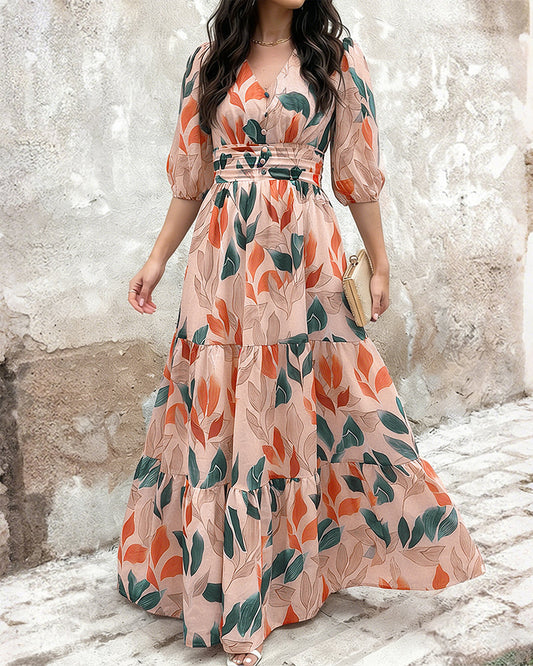 Plants Print V-Neck Half Sleeve Shirred Back Maxi Dress Casual Button Decor Ruched Ruffle Hem Vacation Dress