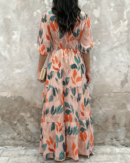 Plants Print V-Neck Half Sleeve Shirred Back Maxi Dress Casual Button Decor Ruched Ruffle Hem Vacation Dress