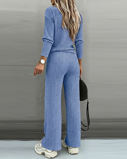 2 Pieces Outfit Button Decor V-Neck Long Sleeve Top and Elastic Waist Straight Leg Pants Set Casual Ribbed Set