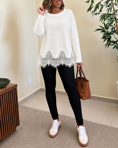 Women's Waffle Knit Crewneck Eyelash Lace Trim Loose Casual Top
