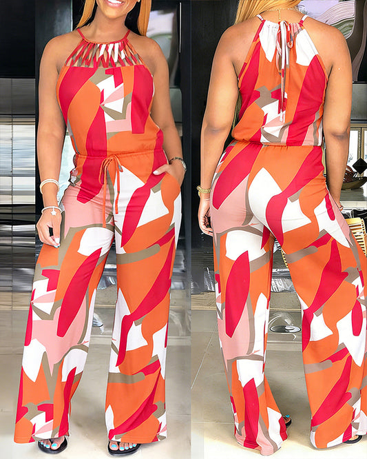 Women's Geometric Print Halter Tie Jumpsuit Criss Cross Neck Hollow Out Wide Leg Romper High Waist Drawstring Jumpsuit