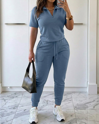 Women's 2-Piece Sporty Set Short Sleeve Half Zip Top and High Waisted Joggers Casual Lounge Outfit with Pockets
