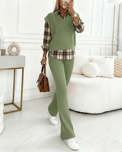 Vintage Plaid Print Spliced Turn-down Collar Long Sleeve Faux Two-Piece Top and Elastic Waist Pants Set Casual Ribbed Brushed Commuting Set