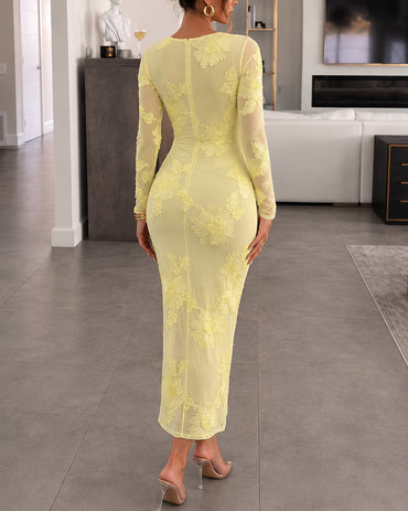 Women's 3D Floral Embroidered Mesh Midi Dress Sexy Sheer Long Sleeve Bodycon Dress Elegant Slit Cocktail Party Gown
