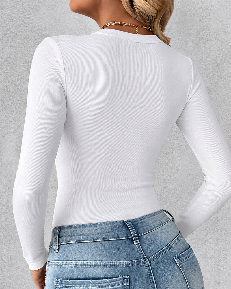 Women's V Neck Long Sleeve Ribbed Knit Top Slim Fit Base Layer Shirt Soft Stretchy Casual Tee with Built-in Bra
