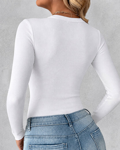 Women's V Neck Long Sleeve Ribbed Knit Top Slim Fit Base Layer Shirt Soft Stretchy Casual Tee with Built-in Bra