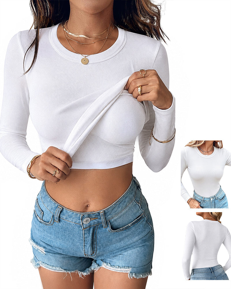 Women's V Neck Long Sleeve Ribbed Knit Top Slim Fit Base Layer Shirt Soft Stretchy Casual Tee with Built-in Bra