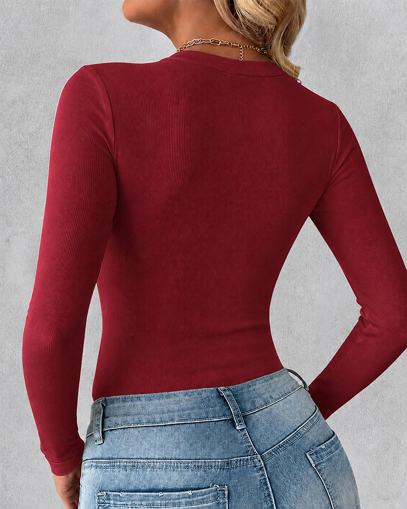 Women's V Neck Long Sleeve Ribbed Knit Top Slim Fit Base Layer Shirt Soft Stretchy Casual Tee with Built-in Bra