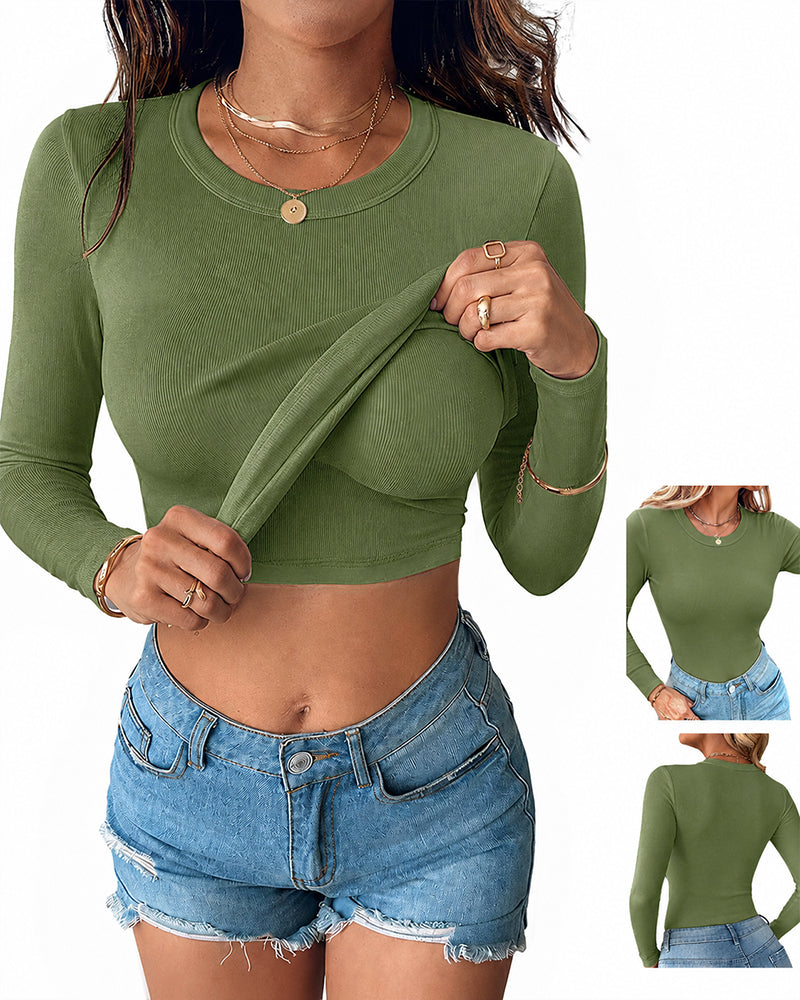Women's V Neck Long Sleeve Ribbed Knit Top Slim Fit Base Layer Shirt Soft Stretchy Casual Tee with Built-in Bra