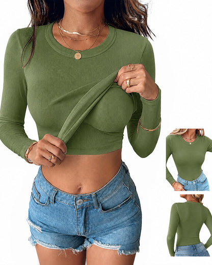Women's V Neck Long Sleeve Ribbed Knit Top Slim Fit Base Layer Shirt Soft Stretchy Casual Tee with Built-in Bra