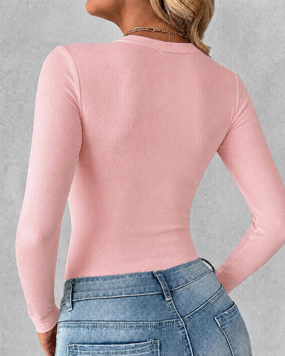 Women's V Neck Long Sleeve Ribbed Knit Top Slim Fit Base Layer Shirt Soft Stretchy Casual Tee with Built-in Bra