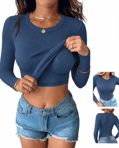 Women's V Neck Long Sleeve Ribbed Knit Top Slim Fit Base Layer Shirt Soft Stretchy Casual Tee with Built-in Bra