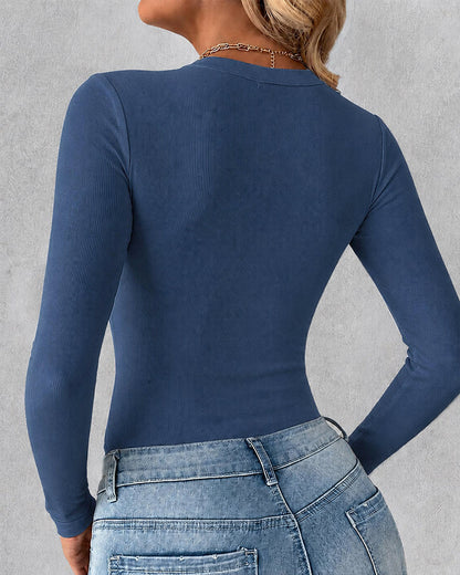 Women's V Neck Long Sleeve Ribbed Knit Top Slim Fit Base Layer Shirt Soft Stretchy Casual Tee with Built-in Bra