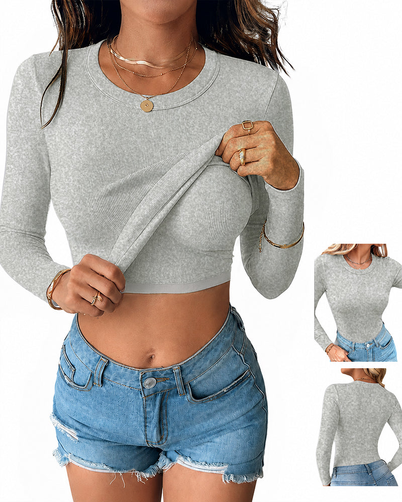 Women's V Neck Long Sleeve Ribbed Knit Top Slim Fit Base Layer Shirt Soft Stretchy Casual Tee with Built-in Bra