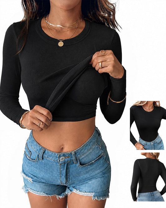 Women's V Neck Long Sleeve Ribbed Knit Top Slim Fit Base Layer Shirt Soft Stretchy Casual Tee with Built-in Bra