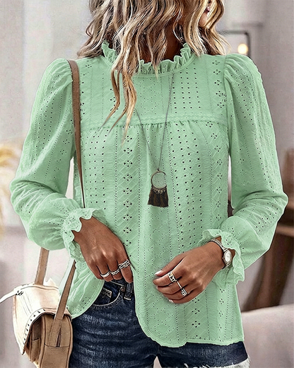 Women's French Style Eyelet Embroidery Blouse Elegant Frill Hem Stand Collar Puff Sleeve Top Lace Patchwork Shirt