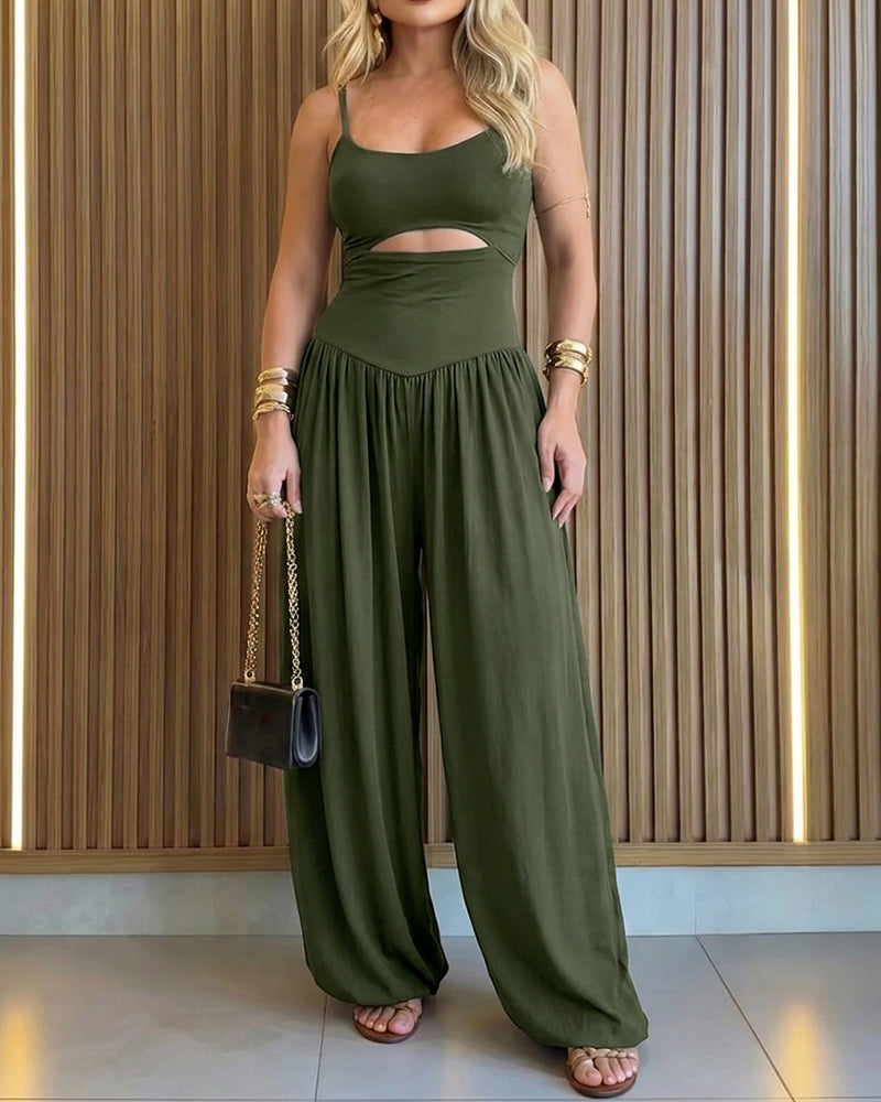 ChicMeLive Women's Cut-out Waist Cami Jumpsuit Backless Tie-Back Lantern Romper Ruched High Waist Summer Jumpsuit