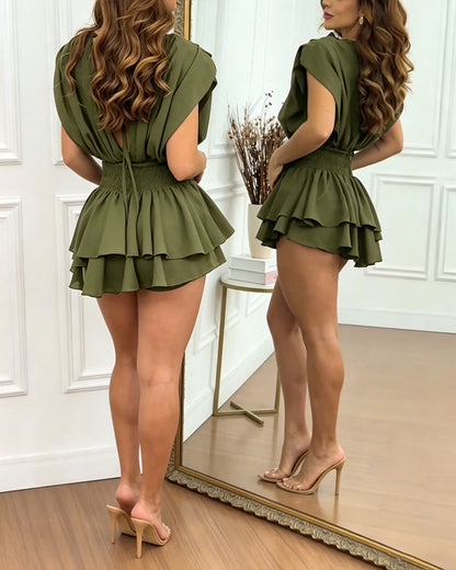 Women's Backless Ruffle Hem Skorts Romper Elegant Tie Back Shirred Pleated Jumpsuit